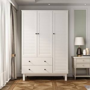 White 3 louvered Doors Armoires with Hanging Rod, 2-Drawers and Storage Shelves( 20.2 in. D x 48 in. W x 71 in. H)