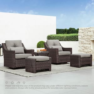 Thaddeus 5 Pieces Brown Fabric Chair Set with 2 Rocking Wicker Swivel Arm Chairs with Cusions,2 Ottomans and Side Table