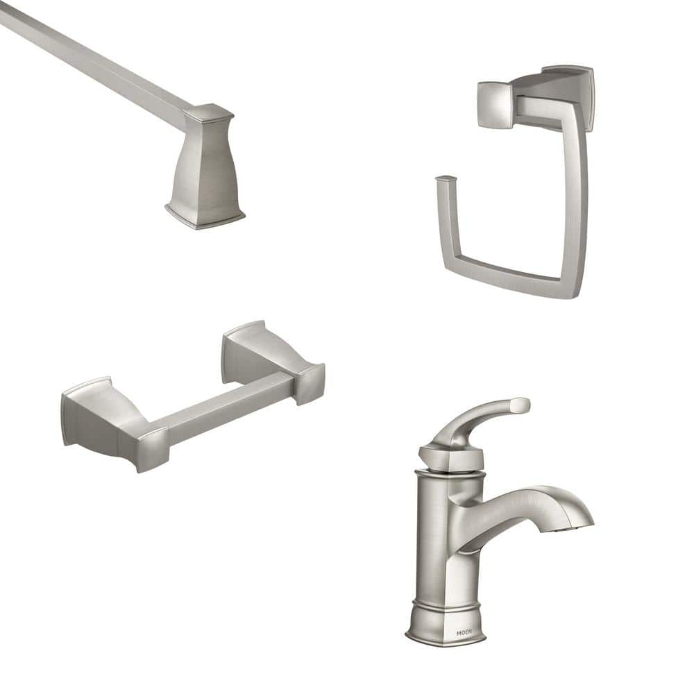 Hensley Single-Handle Single Hole Bath Faucet with 3-Piece Hardware Set, 18 in. Towel Bar in Spot Resist Brushed Nickel -  MOEN, 84414MN-SM3PC18