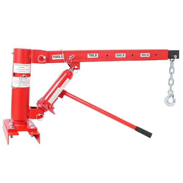 1000 lbs. Capacity Pickup Truck Extra Hoist Lift Load Jib Crane, Extension Lock Position Swivel Base Mounted, Red