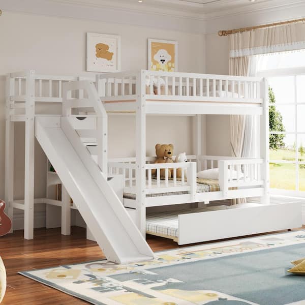 Qualler White Twin over Twin Bunk Bed with Storage Staircase, Slide and ...