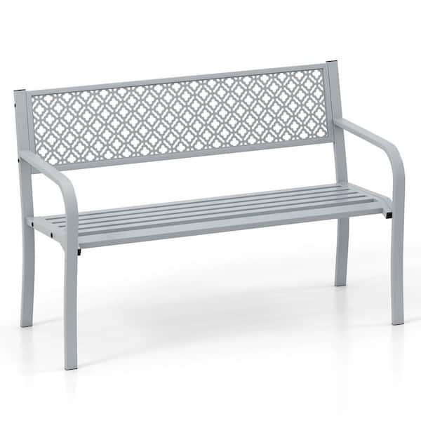 2-Person 50 Inches Gray Metal Outdoor Bench with Slatted Seat