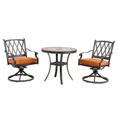 Charcoal Gray 3-Pieces Cast Aluminum Round Tile-Top Table Outdoor Dining Set and Backrest Chairs with Orange Cushions