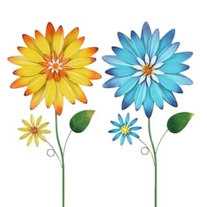 35 in. Blue Yellow Metal Flowers Decorative Garden Stakes for Outdoor Lawn Backyard (2-Pack)
