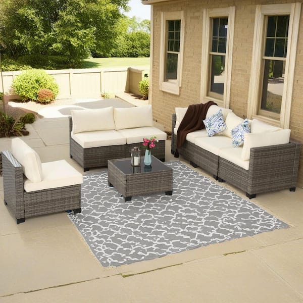 JUSKYS 7-Piece Patio Furniture Set Mix-Gray Wicker Patio Conversation Set with Off-White Cushion and Coffee Table