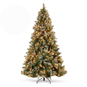 9 ft. Flocked Pre-Lit Pine Artificial Christmas Tree with 900 Incandescent Warm White/Clear Lights, Pine Cones, Berry