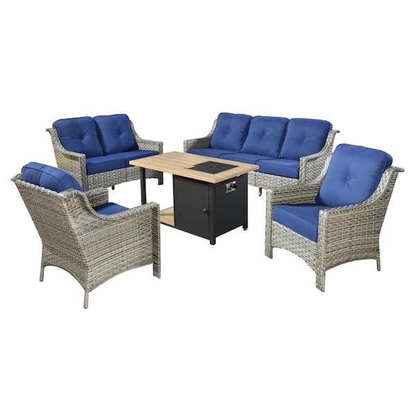 XIZZI Crius Gray 5-Piece Wicker Patio Rectangular Fire Pit Set with Navy Blue Cushions