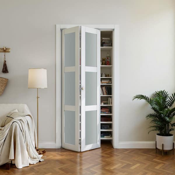 28 in. x 78.75 in. 3-Lite Frosted Glass Solid Core White Finished MDF Composite Bi-Fold Door with Hardware