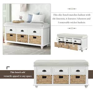 18.7''HX42.1''W X15.4''D White Rustic Storage Bench with 3 Drawers, 3 Rattan Baskets, Shoe Bench for Living Room