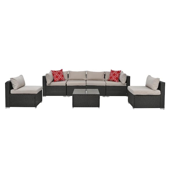 Unbranded 7-Piece Gray Rattan Wicker Patio Conversation Set with Beige Cushions