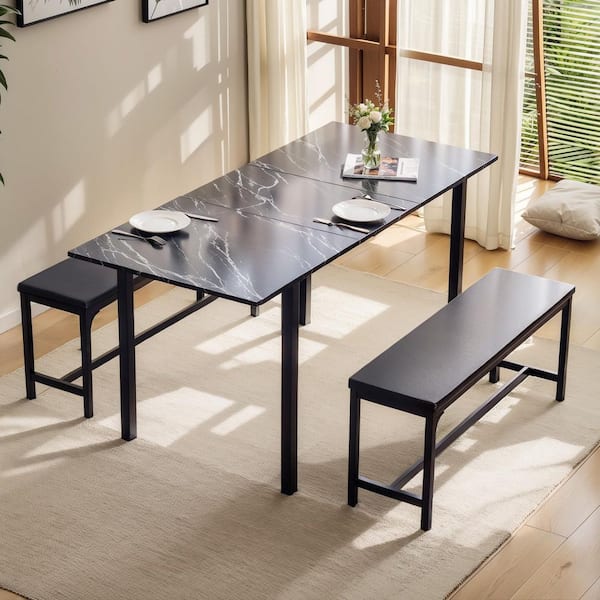 VECELO 3-Piece 63 in. Extendable Dining Table Set with Benches, Breakfast Nook for 2-6 People, Black Space-Saving Dining Set
