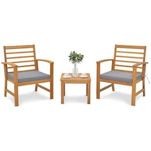 3-Pieces Furniture Set Acacia Wood Patio Conversation Set with Soft Seat Cushions Outdoor Gray