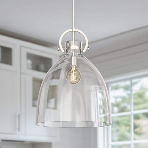 18 in. 1-Light Modern Industrial Pendant Light with Clear Glass Shade, Brushed Nickel for Kitchen Island and Dining Room
