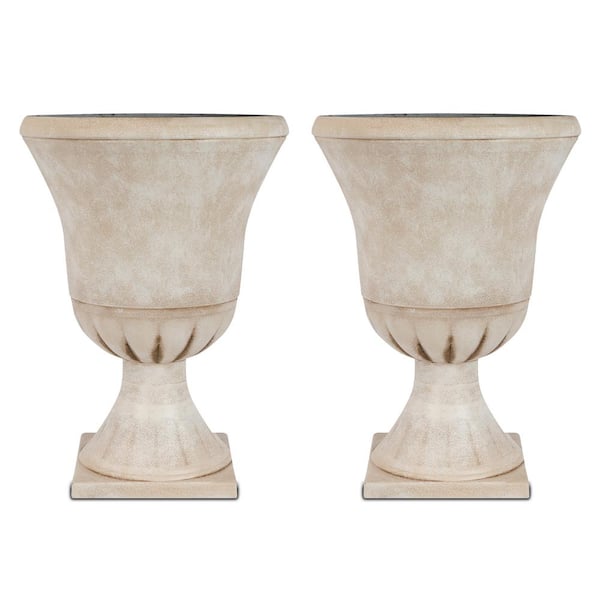 Worth 9 Gallon Tall Round Planters Set of 2-14 Dia x 21 H Stone Finish  Flower Pots Indoor Decorative Container Garden Patio Unbreakable Beige