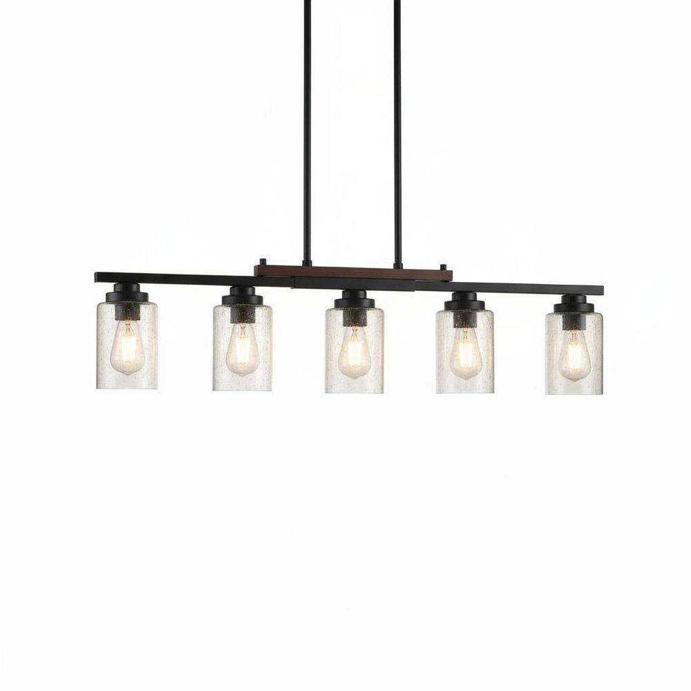 5-Light Black Wood Farmhouse Kitchen Island Pendant Light with Seeded Glass Shades,Adjustable Chandelier for Dining Room price history on PriceWatchPro