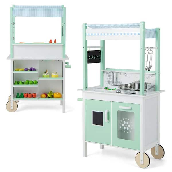 Gymax Double-Sided Pretend Play Kitchen Kids Wooden Grocery Stand w/Remote Control