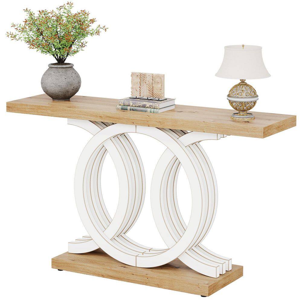 Turrella 55 in. Rectangle Wooden Console Table with Geometric Wood Base, Farmhouse Console Table for Living Room, White