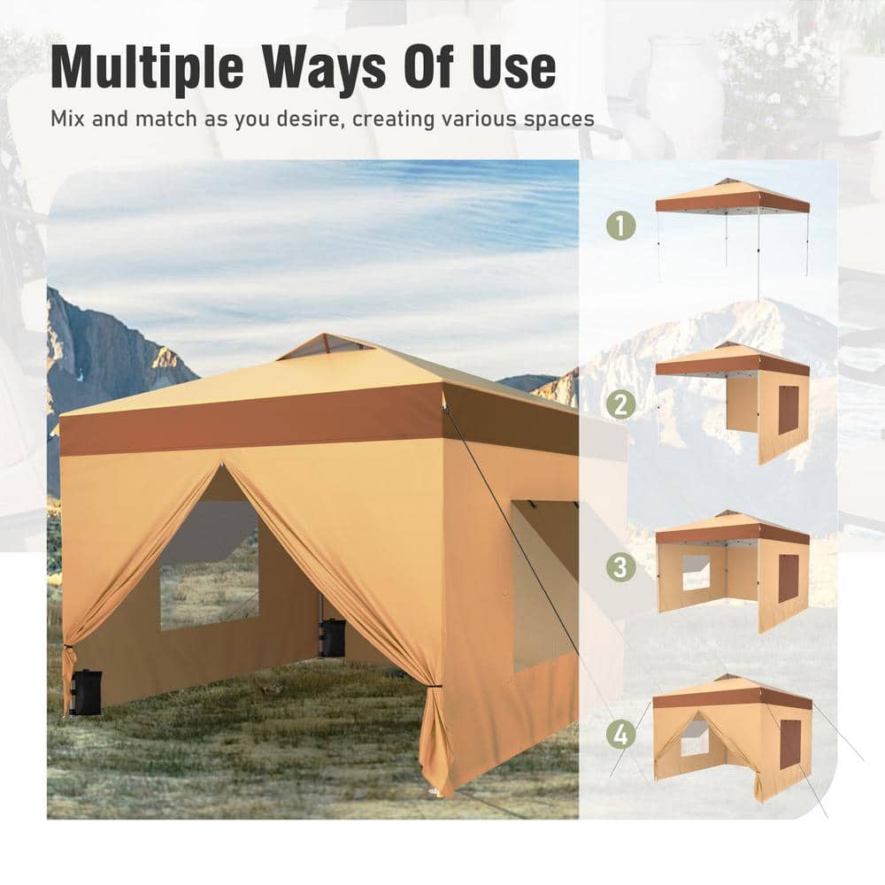 10' x 10' Beige and Brown Pop-Up Canopy Tent with Sidewalls