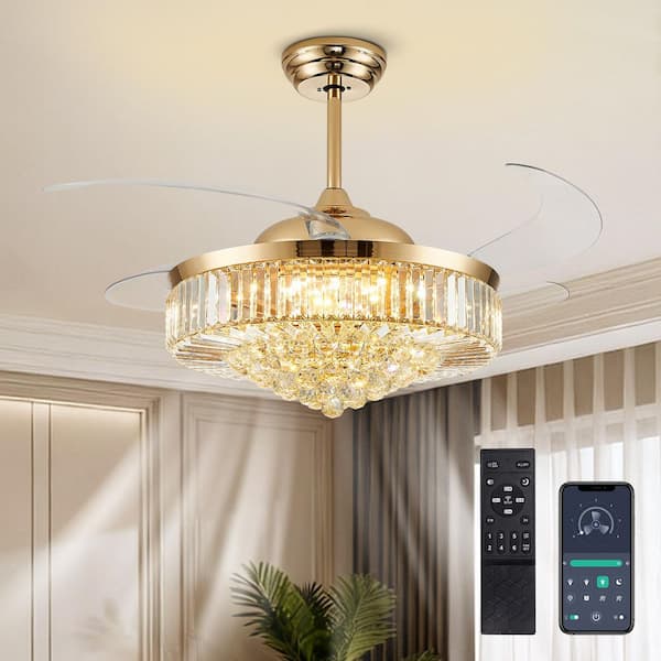 52 in. Smart Downrod Mount Indoor Retractable Gold Crystal Fandelier Ceiling Fan with Integrated LED and Remote/APP