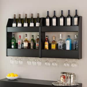 Black 2-Shelf Composite-Wood Floating Wine and Liquor Rack