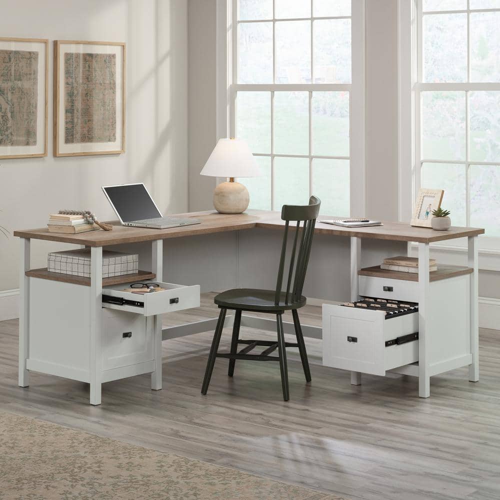 Cottage Road Coastal White Wood L-Shaped Desk with Black Hardware