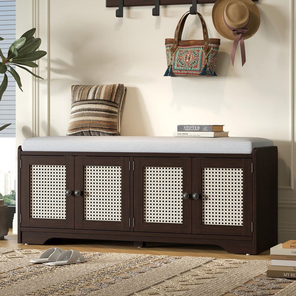 47.40 in. Beige/Espresso Entryway Bench with Removable Cushion, Woven Rattan Doors and Adjustable Shelves