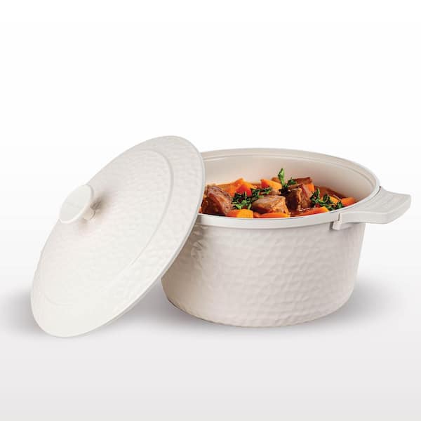 5 qt. Round Hammered Aluminum Ceramic Nonstick Dutch Oven in Cream with Silicone Handle Covers