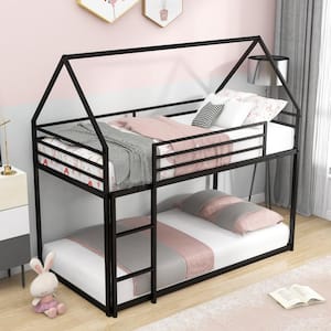 Black Twin Over Twin House Bunk Bed with Built-in Ladder