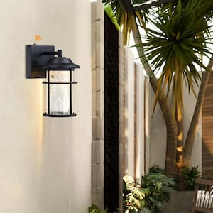 Martin Matte Black Integrated LED Outdoor Dusk-To-Dawn Wall Lantern Sconce w/Crackle Glass Shade,2700K 900Lumens(2-Pack)