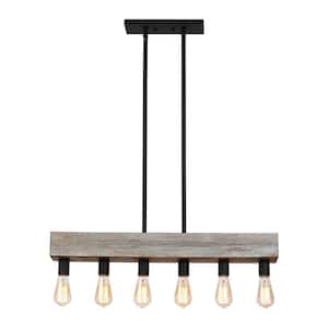 6-Light Distressed Wood Beam Farmhouse Linear Island Chandelier for Dining Room