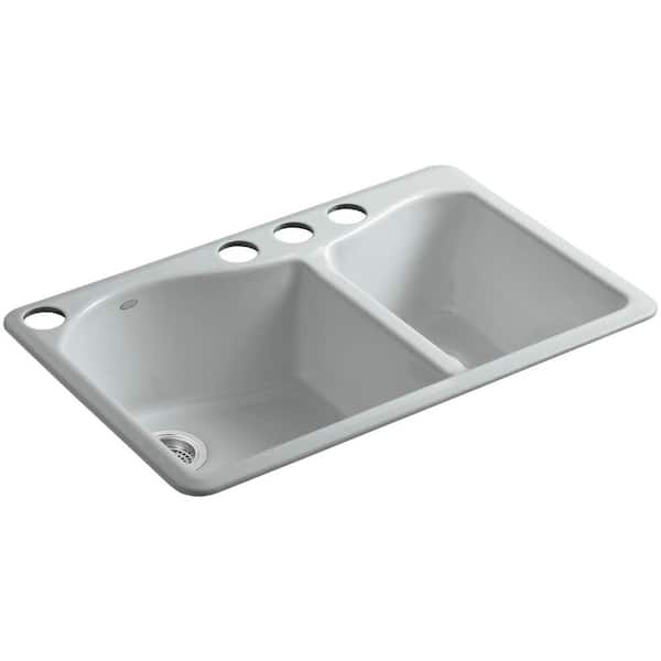 KOHLER Lawnfield Undermount Cast-Iron 33 in. 4-Hole Double Bowl Kitchen Sink in Ice Grey