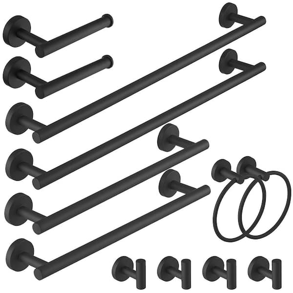 HOMEMYSTIQUE 12-Piece Bath Hardware Set with Towel Ring Toilet Paper Holder Towel Hook Towel Bar Included Wall Mount in Matte Black