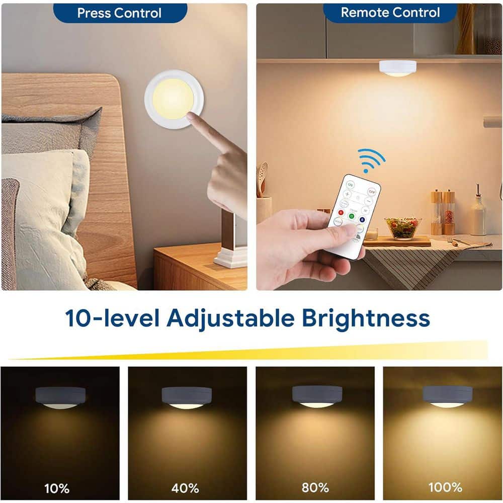 White Plastic Remote-Controlled LED Puck Lights, 12-Pack