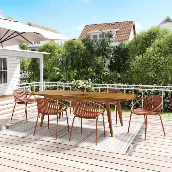 CHRISTOPHER KNIGHT HOME Verona Modern Patio 7-Piece Metal and Plastic Outdoor Dining Set with Expandable Solid Wood Table, Orange + Teak, 6 Seat