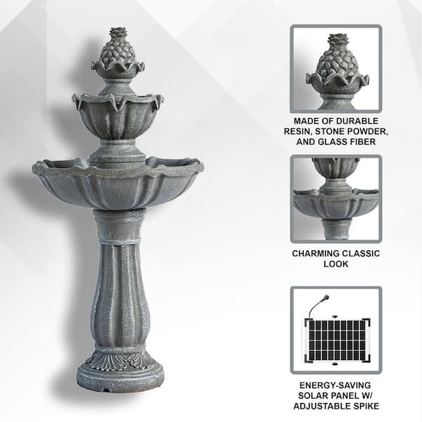 36.2 in. 2-Tier Outdoor Freestanding Solar Water Fountain-Classic Design, Grey Resin Bird Bath w/ Pump - Ideal for Yard