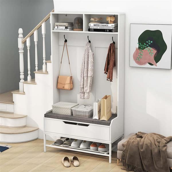 Costway White Hall Tree with Seat Cushion and Hidden Storage