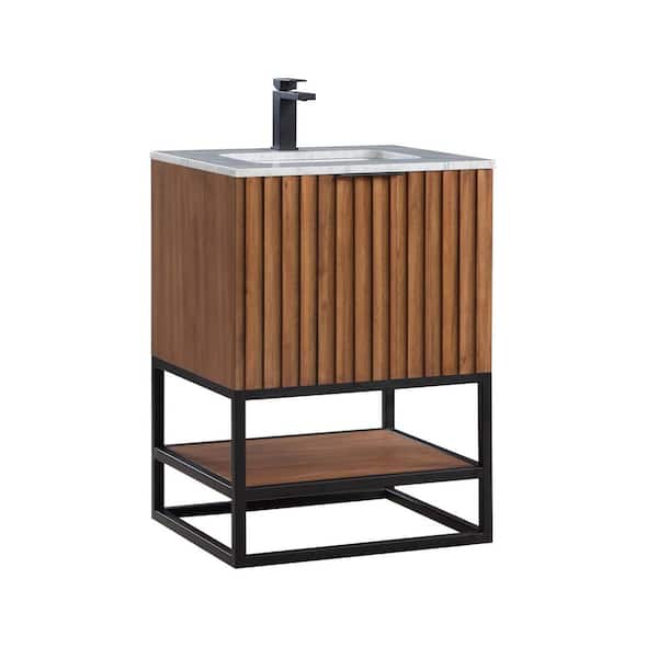 BEMMA Terra 24 in. W x 22 in. D x 34 in. H Bath Vanity in Walnut and Matte Black with Marble Vanity Top in White