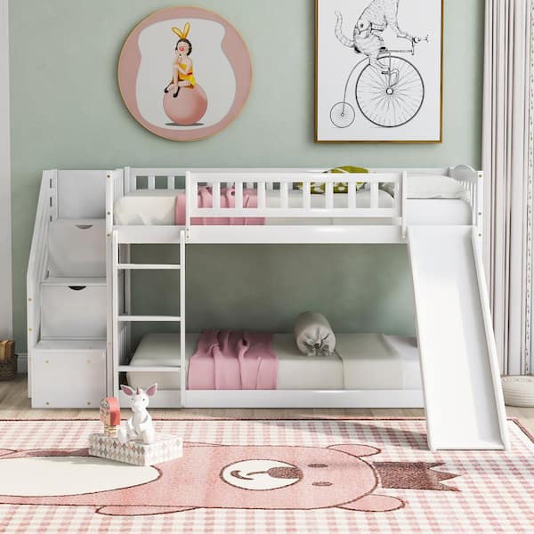 White Stairway Twin Over Twin Bunk Bed with 2-Drawers and Slide