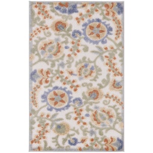 Aloha Ivory Blue Doormat 3 ft. x 4 ft. Floral Contemporary Indoor/Outdoor Area Rug