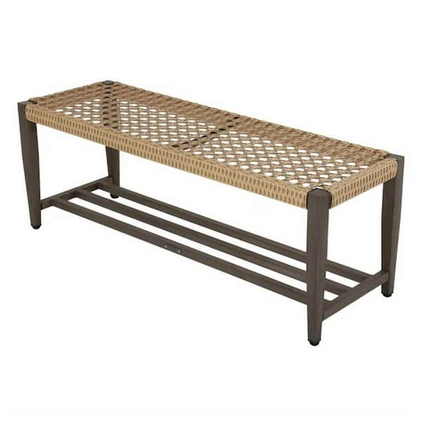 45.28 in. W Wicker Outdoor Bench 2-Tier Iron Frame Leather-Look Resin Wicker Bench