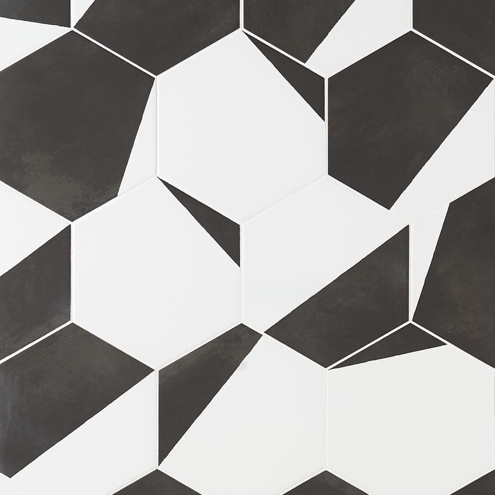 GeoHex Burst 8" Hexagon Matte Black and White Porcelain Tile