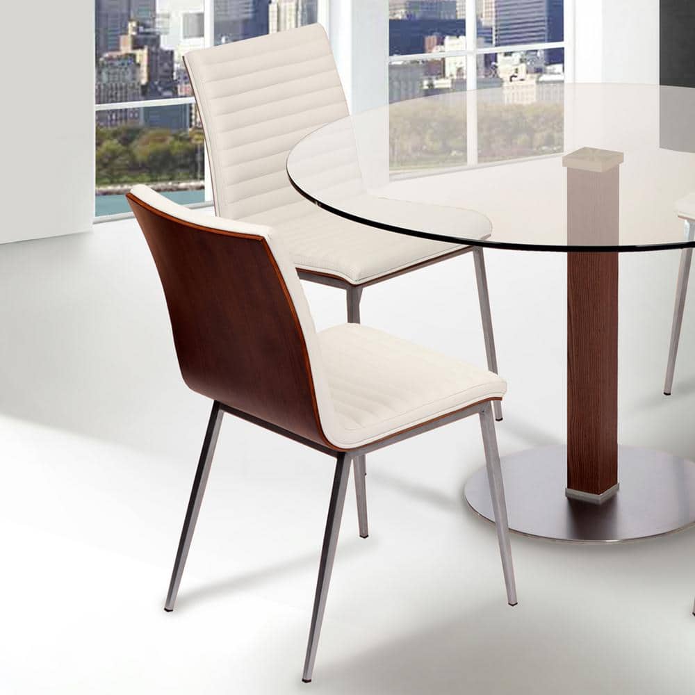 White Faux Leather and Stainless Steel Dining Chair Set