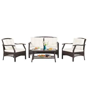 4-Pieces Rattan Wicker Outdoor Patio Conversation Set with Protective Cover and Beige Cushions