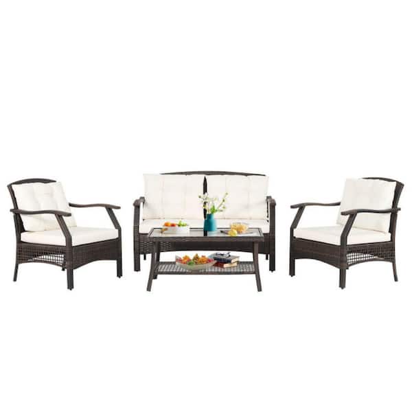 Alpulon 4-Pieces Rattan Wicker Outdoor Patio Conversation Set with Protective Cover and Beige Cushions