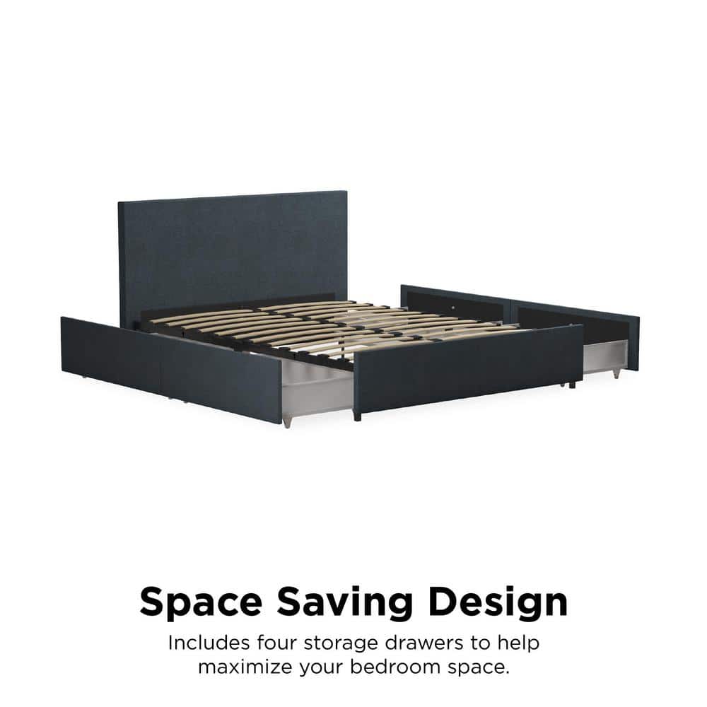 Elegant Navy Blue Linen Queen Storage Bed with Upholstered Headboard