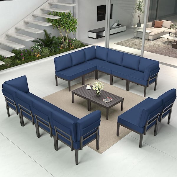 14-Piece Metal Outdoor Sectional Set with Cushion Navy