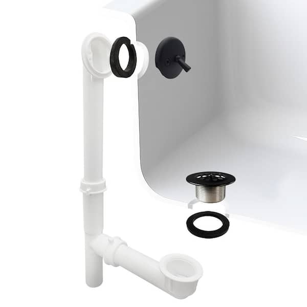14 in. White Poly Tubular Bath Waste & Overflow Assembly with Trip Lever and Strainer Grid Drain Cover, Matte Black