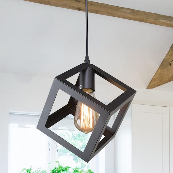 Modern Black Square Cage Pendant Light DIY 1-Light Industrial Cube Hanging Chandelier for Kitchen Island Bedroom Hallway