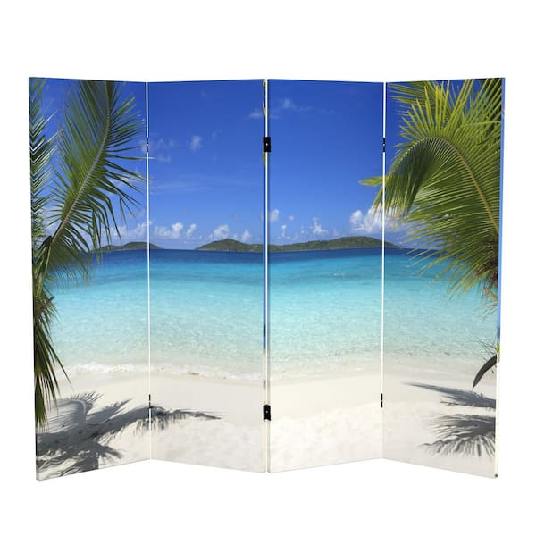 RED LANTERN 4 ft. Short Beach Canvas 4-Panel Folding Screen