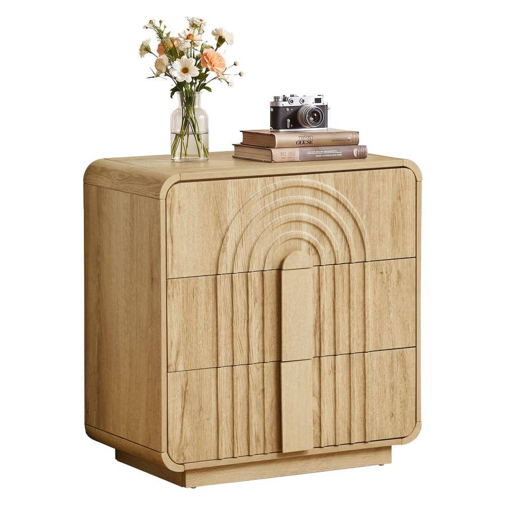 Mid Century Natural 3 Drawer Accent Cabinet, Arched Textured Storage Chest, Versatile Nightstand & Sofa Side Cabinet